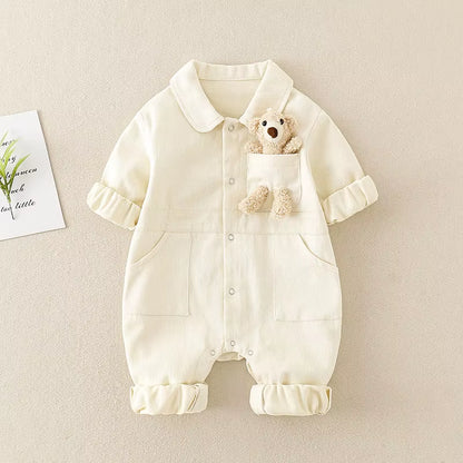 BearBuddy Denim – Spring Cartoon Pocket Romper for Babies