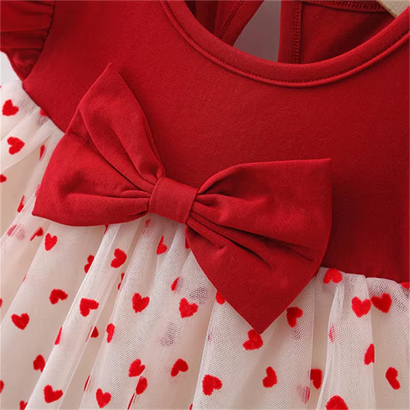HeartGlow – Red Mesh Tutu Dress with Embroidered Hearts & Bow for Baby Girls