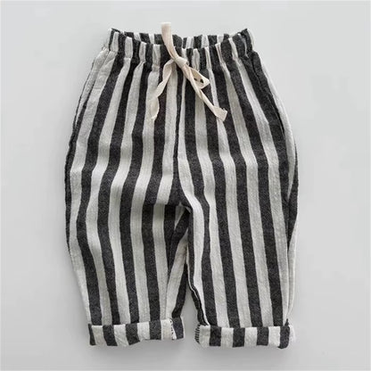 TinyTrend™ Vintage Cotton Stripe Pants – Unisex Casual Trousers with Pockets for Toddlers