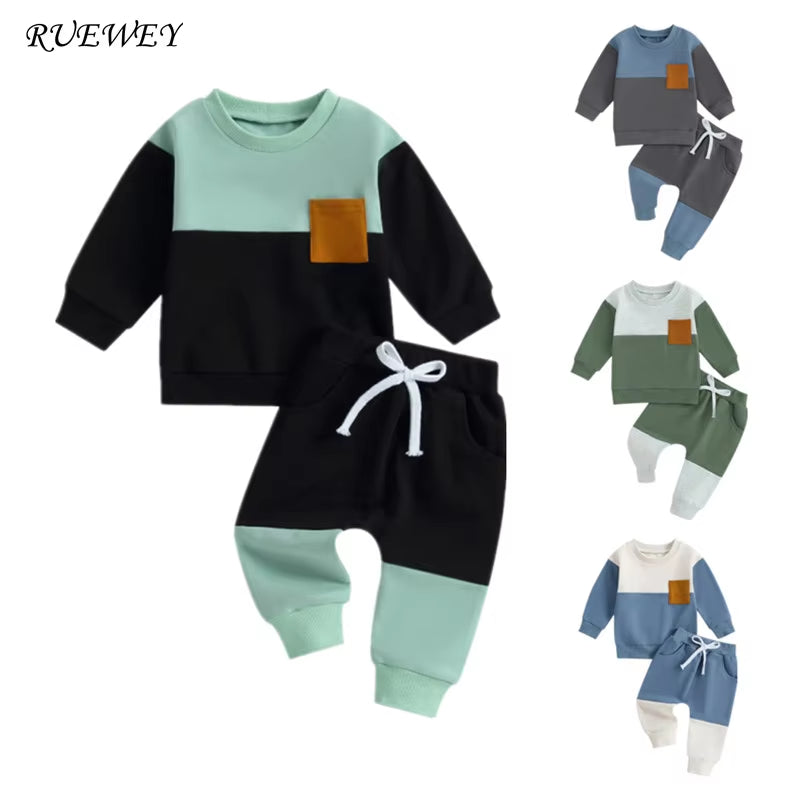 Chic Little Gentleman: Baby Boy Contrast Color Pant Set – Cozy Spring & Autumn Style